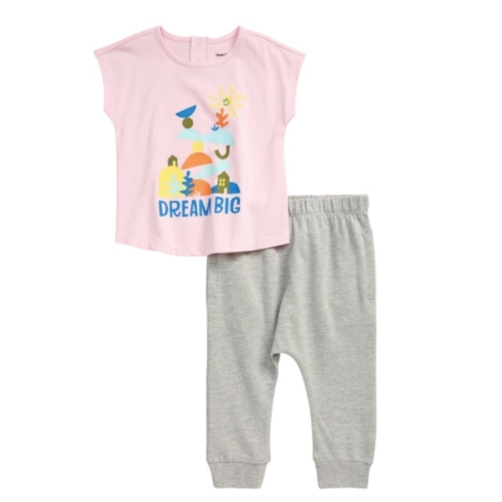 OPEN EDIT Easy GRAPHIC Tee & Jogger PANTS Set PINK Dream BIG Organic COTTON New
